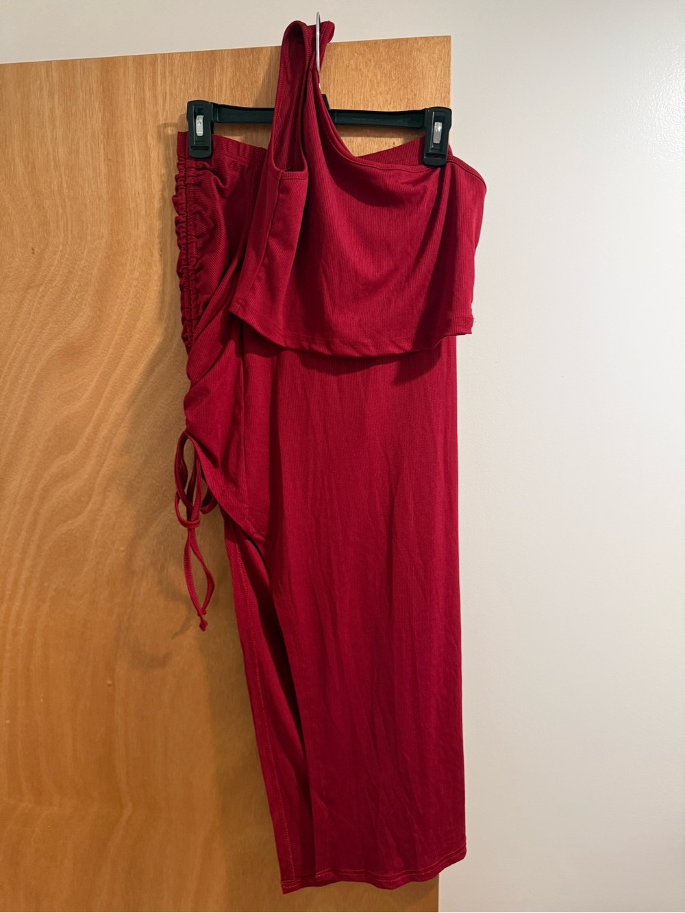Red One-Shoulder Ruched Midi Skirt